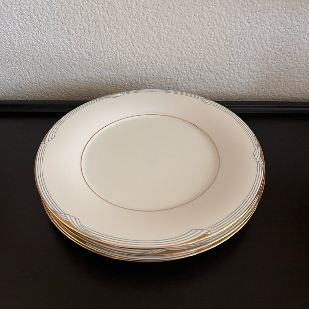 4 Noritake Golden Cove Dinner Plates Fine China 7719 Made Japan Cream Grey Gold